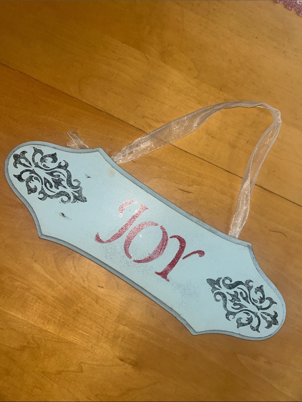 Hand Crafted Light Blue 'JOY' Wall Hanging with red Lettering